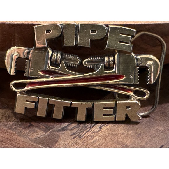 Vintage Pipefitter 1990 Belt Buckle Gold tone Red Embellishment Tools - Picture 1 of 15